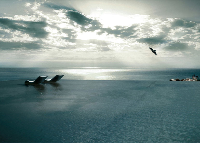 Mirage House infinity pool on top of roof lounges overlooking ocean