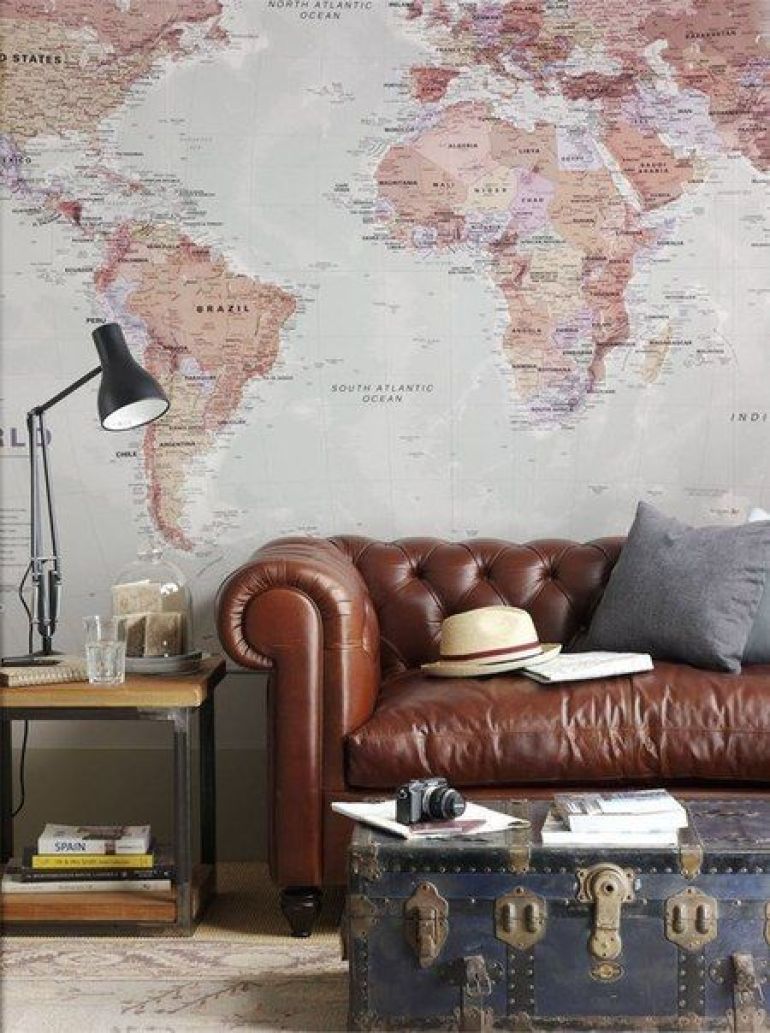 Leather Couch, Vintage Trunk and Map of the World Wallpaper (for the Fedora-wearing Gentleman's Man Cave)