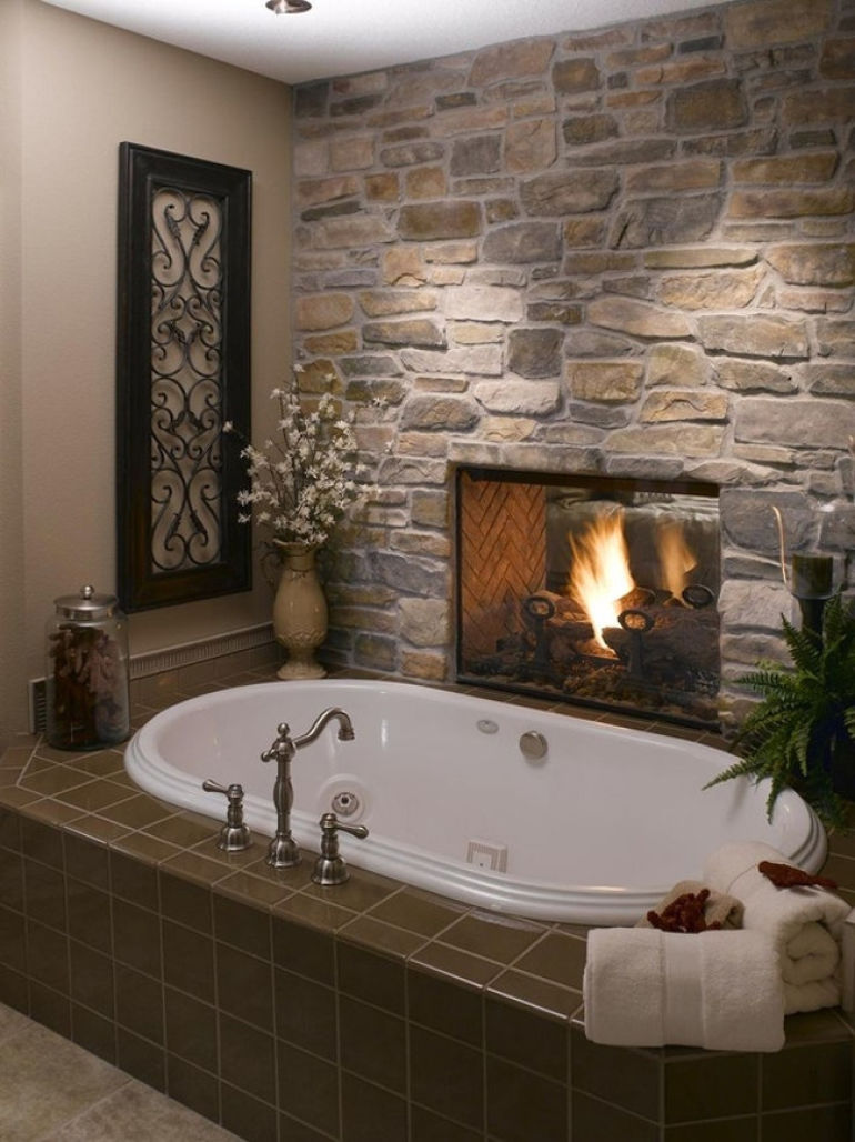 Fireplace that warms the spa and the bedroom